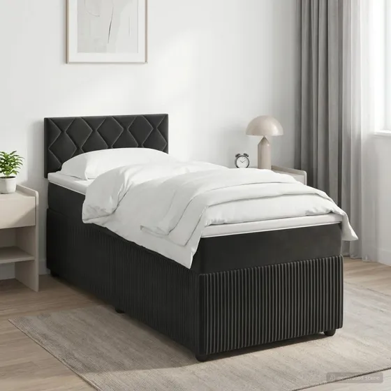 vidaXL Boxmadras med topmadras og hovedgærde, Sort Fløjl, 90x200 cm