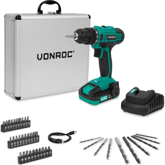 VONROC 20V Bore- og skruemaskine med 2.0Ah akku og 46 dele