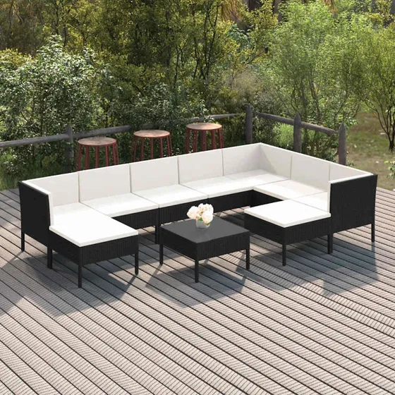 vidaXL Loungesæt til haven 10 dele med hynder i sort polyrattan