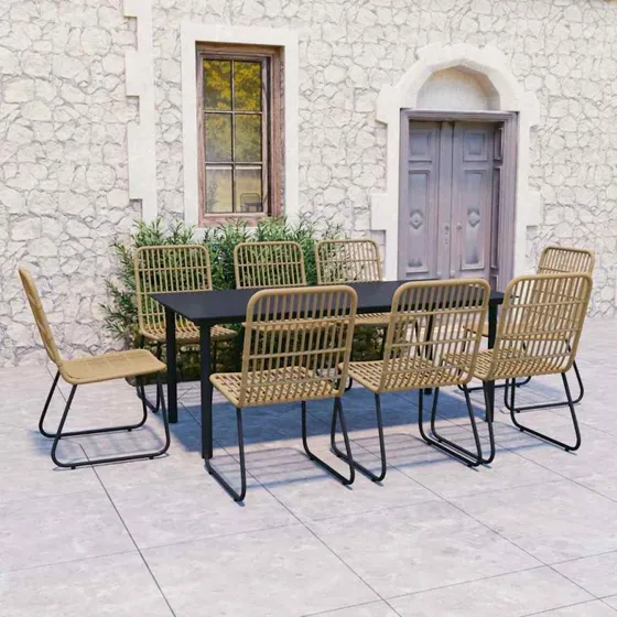 vidaXL udendørs spisebordssæt 9 dele i polyrattan og glas