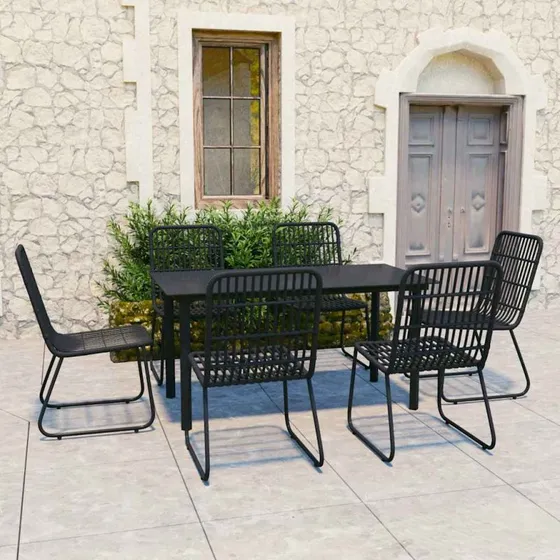 vidaXL udendørs spisebordssæt 7 dele i polyrattan og glas, sort