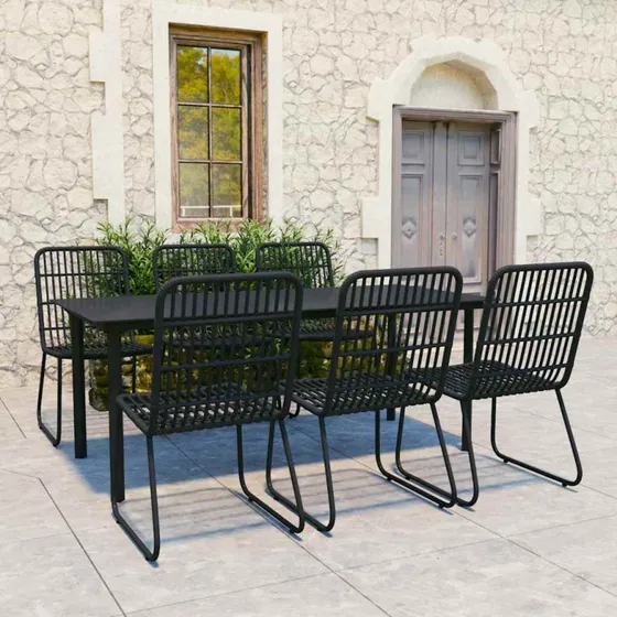 vidaXL udendørs spisebordssæt 7 dele i sort polyrattan og glas