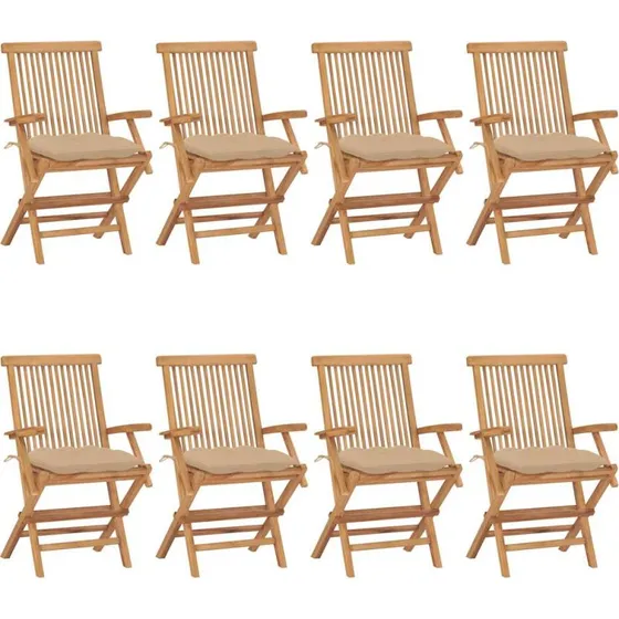 vidaXL Klapstole i massivt teaktræ med beige hynder - 8 stk.