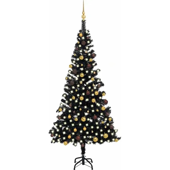 vidaXL Kunstigt juletræ med lys og kuglesæt, 210 cm, sort