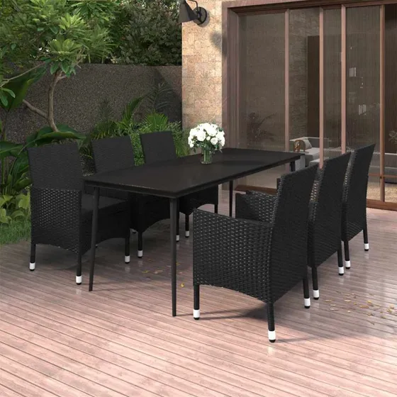 vidaXL spisebordssæt til haven, 7 dele, polyrattan og glas, sort