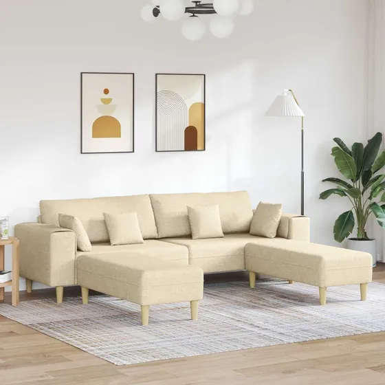 vidaXL Sofa 3 stk. Creme Stof - 4-personers med 2 ottomaner