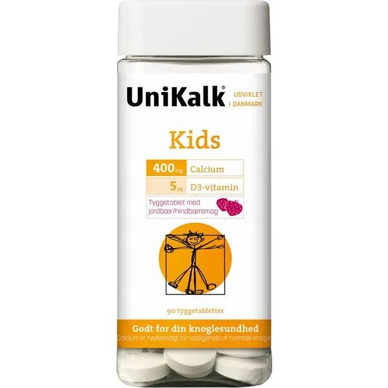 UniKalk Kids tyggetabletter 90 stk – Kalk 400 mg & D‑vitamin 5 µg