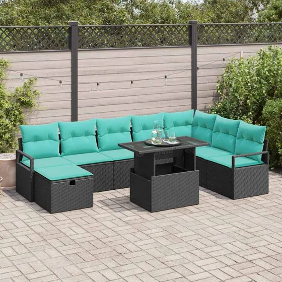 vidaXL Havesofa Sæt 9 stk. i sort polyrattan med puder