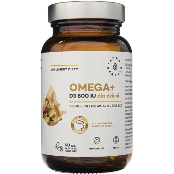Aura Herbals Omega+ D3 800 IE til børn — 60 twist-off kapsler