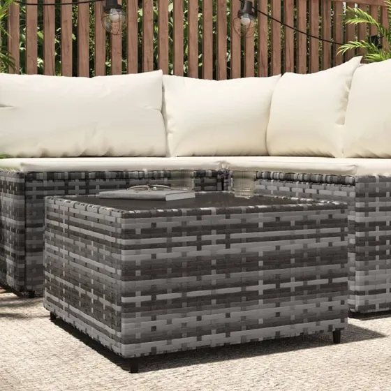 vidaXL havebord 50x50x30 cm i grå polyrattan med glasplade