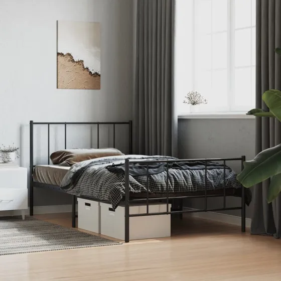 vidaXL sengeramme med sengegavl og fodgærde 100x200 cm, sort metal