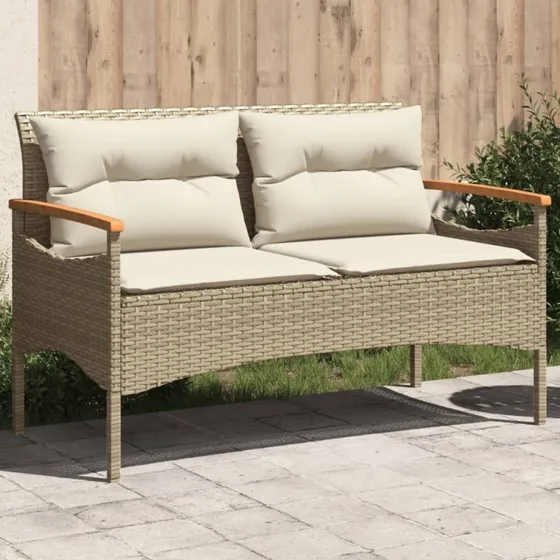 vidaXL havebænk med hynder i beige polyrattan, 116x62,5x74 cm