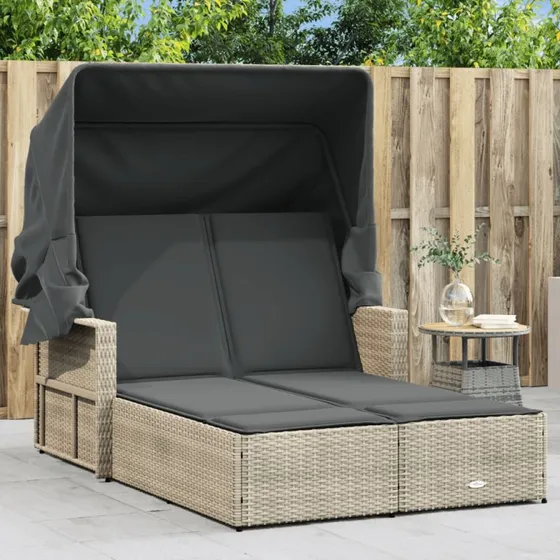 vidaXL solseng med baldakin og hynder i polyrattan, lysegrå