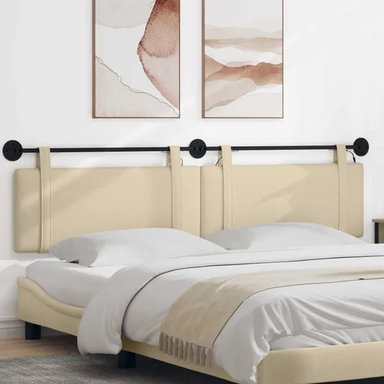 vidaXL Hængende sengegavl med LED-lys, cremefarvet stof, 210 × 55 cm