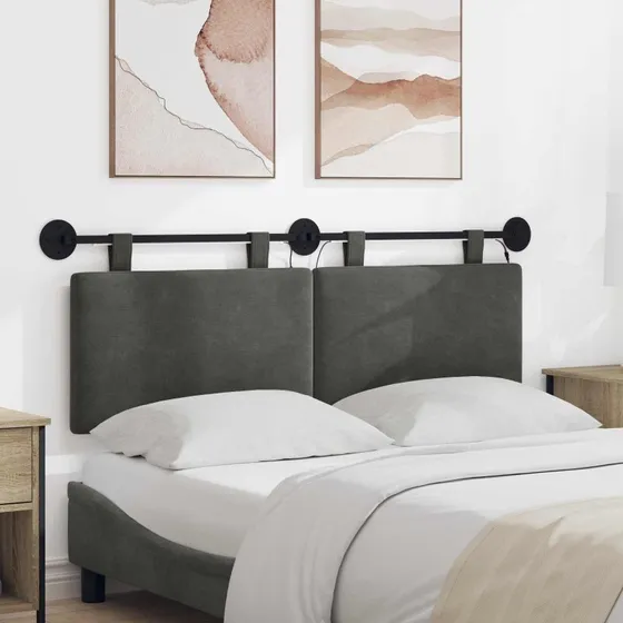 vidaXL Hængende sengegavl i mørkegrå velour med LED-lys, 130x55 cm