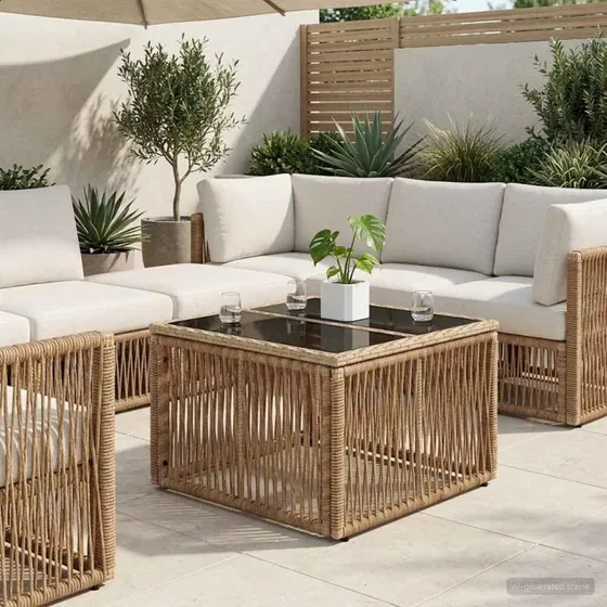 Havemøbel bord i PE rattan med glasplade - beige/sort, 55×55×37 cm