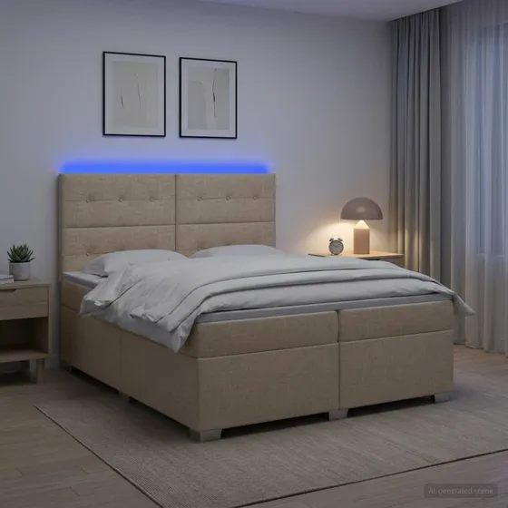 vidaXL Boxmadras med topmadras og LED, Cremefarvet, 200 x 200 cm