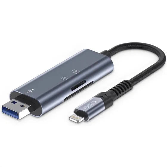 Tech-Protect UltraBoost SD/microSD-kortlæser Lightning & USB-A – grå
