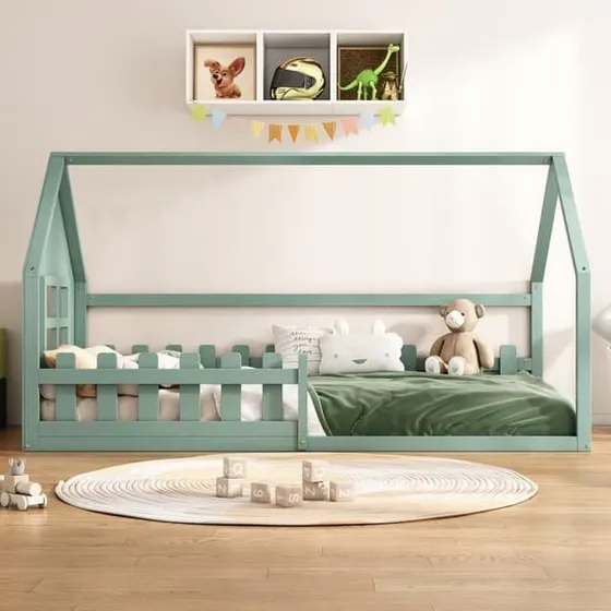 Hemseng til børn 90x200 cm - Husform i fyrretræ og MDF - Grøn