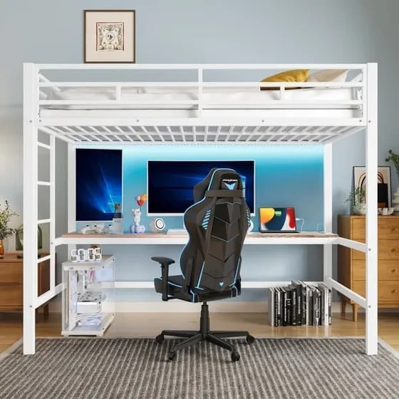 Hems Seng 90x200 cm - Hvid metal med lys og USB