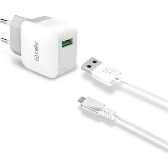 Celly USB Micro USB Vægoplader 2,4A med 1m kabel - Hvid