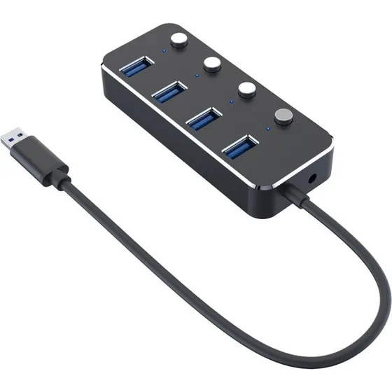 NÖRDIC USB 3.0 Hub 4-ports med individuelle switches, sort aluminium