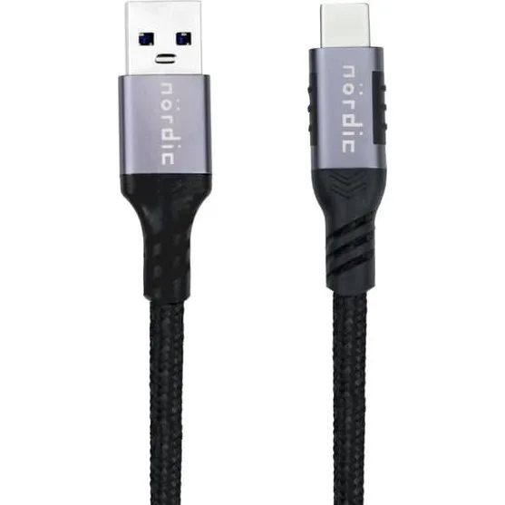 NÖRDIC USB-C til USB-A Kabel, 25cm, Nylonflettet, 60W PD