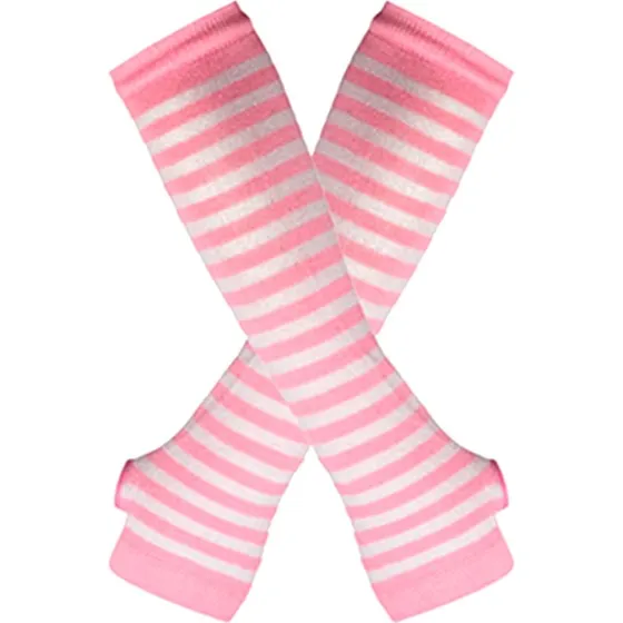 Armvarmere stribet, fingerløs & lang - Pink/hvid [32cm]