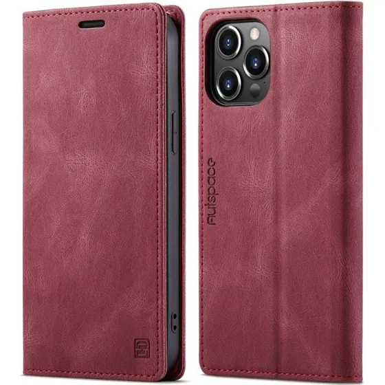 AUTSPACE A01 Retro Wallet Case til iPhone 13 Pro Max - Rød