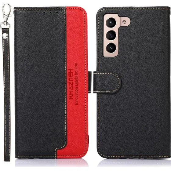 KHAZNEH RFID-beskyttelse Wallet Cover til Samsung Galaxy S22 5G - Sort/Rød