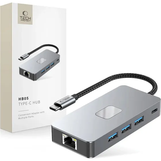 Tech-Protect HB05 9-i-1 USB-C Hub – HDMI 4K60, PD100W, RJ45 rumgrå
