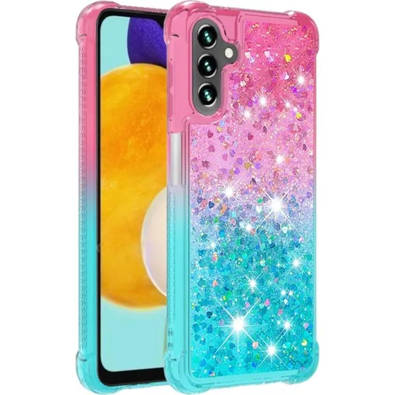 SKALO Samsung Galaxy A04s Cover - Kvicksand Glitter Hjerter, Pink-Turkis