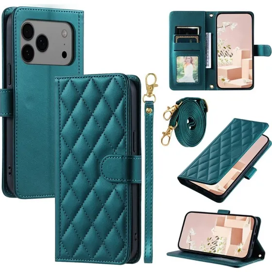 SKALO iPhone 17 Pro Quiltet Skulderrem Flip Cover - Grøn