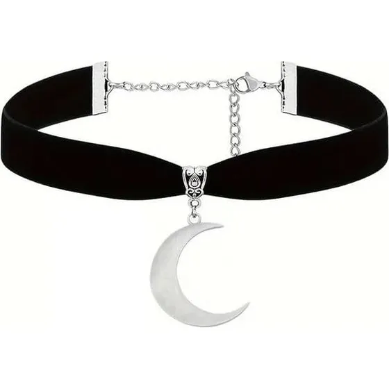 Velvet Choker med Halvmåne - Antik Sølvfarvet