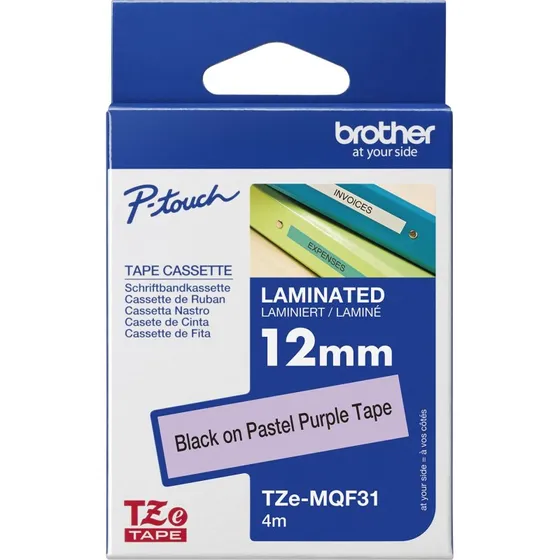 Brother TZe MQF31 Lamineret Bånd - Sort på Pastellilla (1,2 cm x 8 m)