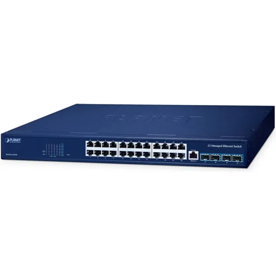 PLANET Layer 3 24-Port Gigabit PoE switch (24x 10/100/1000, 4x SFP+), blå