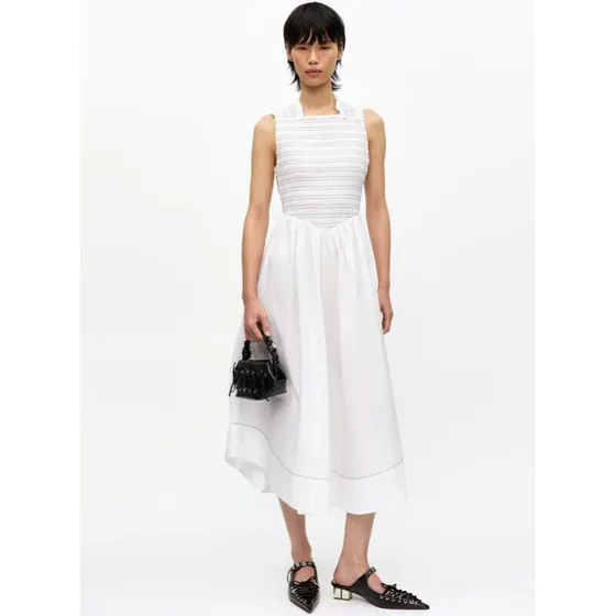 Ganni Washed Stretch Cotton Smock Midi Kjole - Bright White