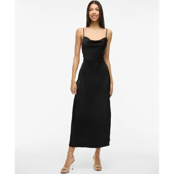 Viravenna strop-satinkjole med cowl-neck, sort