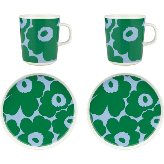 Marimekko Unikko morgenmadssæt, 4 dele, hvid/grøn/lyseblå