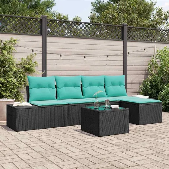 vidaXL Havesofa Sæt 6 stk. Sort Polyrattan med Turkise Puder