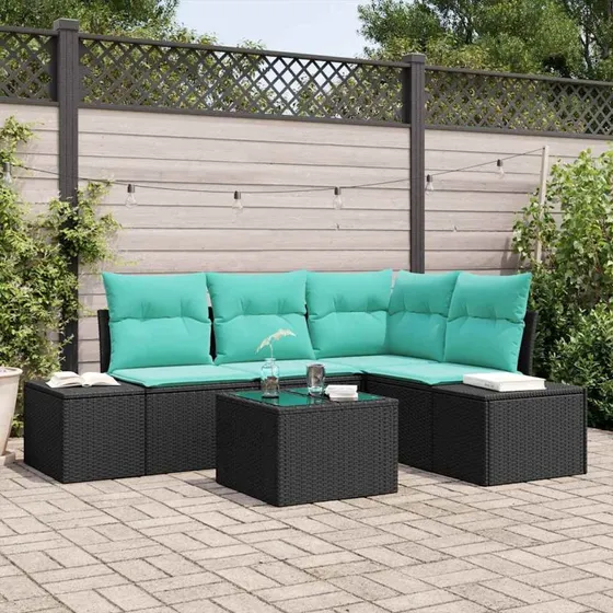 vidaXL Havesofa Sæt 5 stk. Sort Polyrattan med Turkise Puder