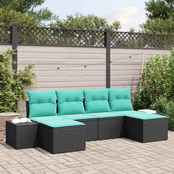 vidaXL Havesofa Sæt 6 stk. Sort Polyrattan med Blå Puder