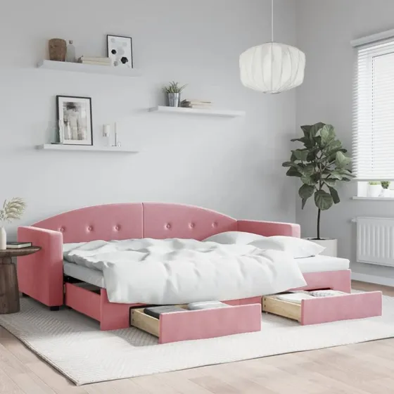 vidaXL daybed med udtræk og skuffer 80x200 cm, lyserød velour
