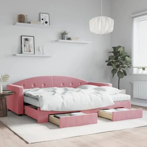 vidaXL daybed med udtræk og skuffer, lyserød velour, 80x200 cm