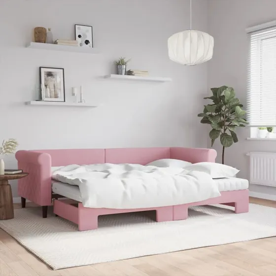 vidaXL Daybed med udtræk og madras 80x200 cm, lyserød velour