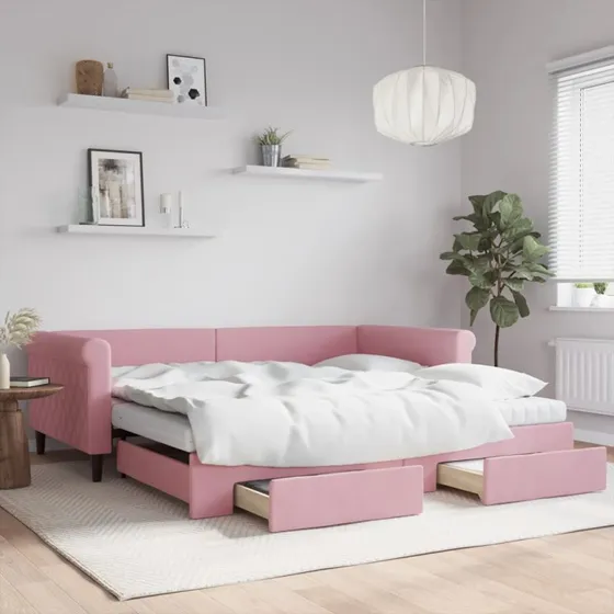 vidaXL Daybed med udtræk og skuffer 100x200 cm, lyserød velour
