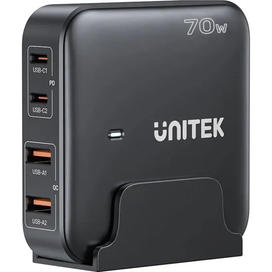 Unitek P1228ABK01-EU 70W GaN Vægoplader med 2x USB-C og 2x USB-A