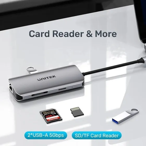UNITEK USB-C Hub med 2x HDMI 4K, RJ45 og PD 100W