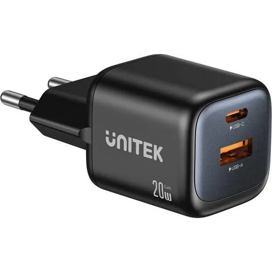Unitek GaN vægoplader 20W - 2 porte (USB-C & USB-A), sort