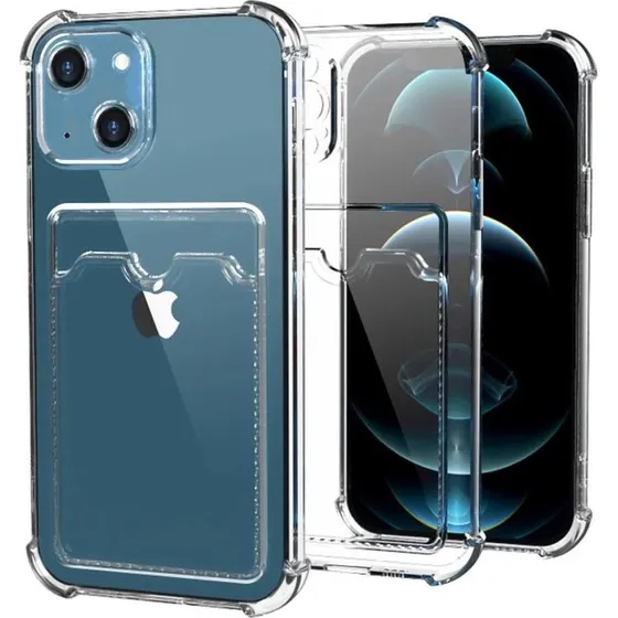iPhone 13 Stødsikkert Cover med Kortholder - Transparent